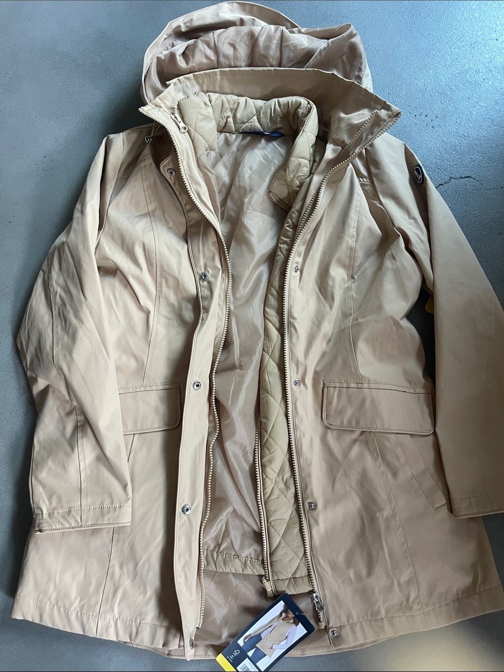 Lands' End Beige Hooded Trench Coat with Quilted Liner